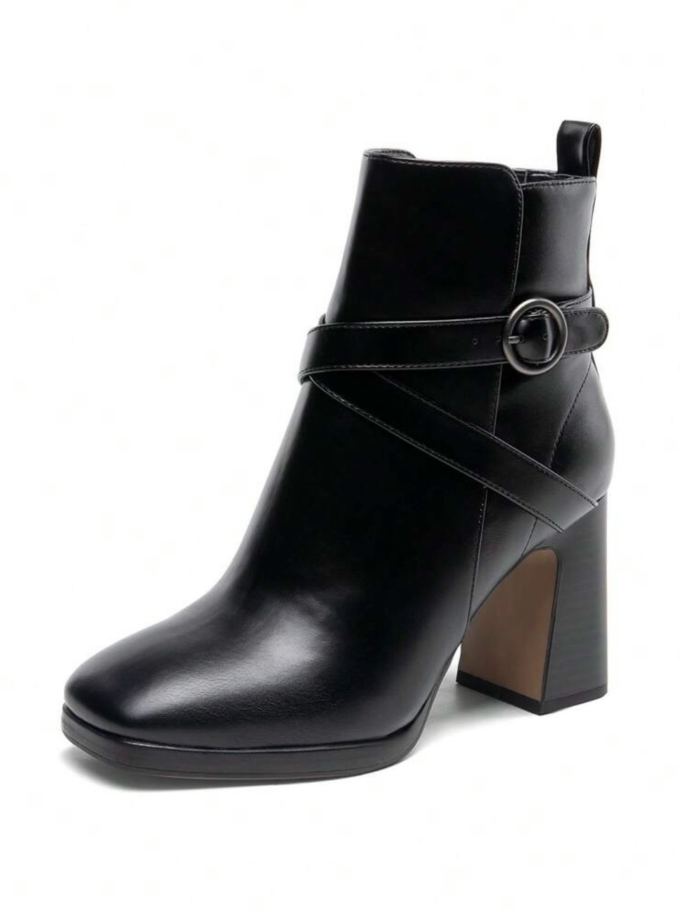 Women's Black Leather Block Heel Ankle Boot with Buckle Strap
